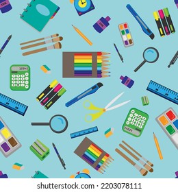 Bright vector seamless pattern with education and school icons