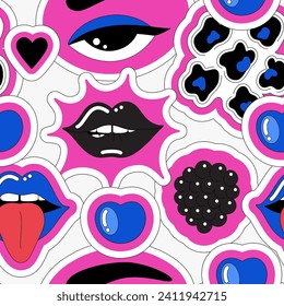 Bright vector seamless pattern of eye, black lips, berries on light background. Glamor illustration in 2000s style. Playful, fun design with black outline. Print for fabrics, wallpaper, wrapping paper