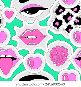 Bright vector seamless pattern of eye, lips, berries on green background. Glamor illustration in 2000s style. Playful, fun design with black outline. Print for fabrics, wallpaper, wrapping paper