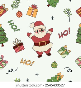 Bright vector seamless pattern with festive design, New Year gifts and decorations, as well as cheerful Santa Claus will create a magical atmosphere of real winter holidays Christmas and New Year!