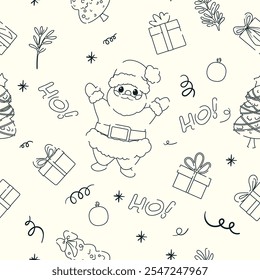 Bright vector seamless pattern with festive design, New Year gifts and decorations, as well as cheerful Santa Claus will create a magical atmosphere of real winter holidays Christmas and New Year!