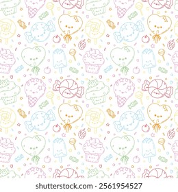 bright vector seamless pattern with funny sweets, cute characters. colored background for party, birthday celebration
