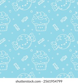 bright vector seamless pattern with funny sweets, cute characters. colored background for party, birthday celebration