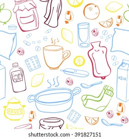 Bright vector seamless pattern Get well soon  Raspberry jam jar  socks  scarf  hot tea  lemon  medicines  milk  honey pot  fruits   other colorful doodle objects white background 