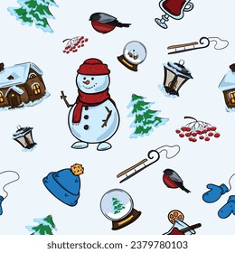 Bright vector seamless pattern for gift paper with winter elements on light background