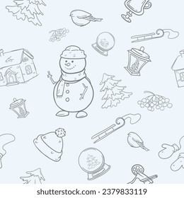 Bright vector seamless pattern for gift paper with winter elements on light background