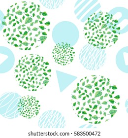 Bright vector seamless pattern with green leaves and blue geometric shapes on a white background. Spring and summer background.