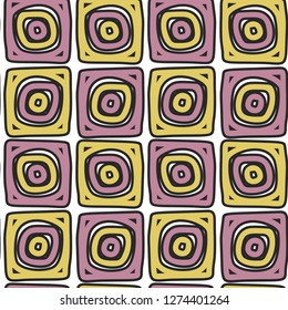 Bright vector seamless pattern. Hand drawn abstract patterned khaki and lilac squares on white background for textile, wallpaper, wrapping, cover, web site, card, carton, print, banner, ceramic tiles.