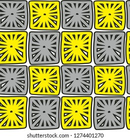 Bright vector seamless pattern. Hand drawn abstract patterned yellow and gray squares on white background for textile, wallpaper, wrapping, cover, web site, card, carton, print, banner, ceramic tiles.