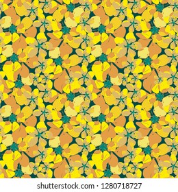 Bright vector seamless pattern. Hand drawn art yellow and gold flowers of blooming mimosa twigs. Background for design, textile, wallpaper, wrapping, cover page, web site, card, carton, print, banner.