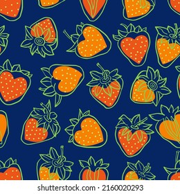 Bright vector seamless pattern with hand drawn strawberries and hearts on a blue background. Design for textile, paper, fabric, background.