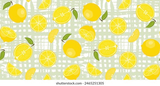 Bright vector seamless pattern with hand drawn yellow lemons on light green crossed brush strokes background. Fresh citrus fruits texture for textile, wrapping paper, surface print, wallpaper design