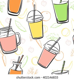 Bright vector seamless pattern with hand drawn smoothie and juice bottles, glasses, jars and cups on white background with colorful doodle fruits, vegetables and berries. 