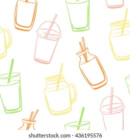 Bright vector seamless pattern with hand drawn smoothie and juice bottles, glasses, jars and cups on white background with colorful circles and dots. Doodles with black outline and color elements