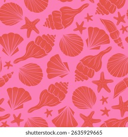 Bright vector seamless pattern with hand-drawn seashells and starfish in bold pop art style in vibrant pink and orange for marine designs, summer packaging, textiles, beach projects, branding, etc.