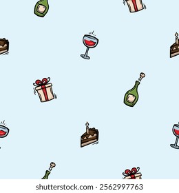 Bright vector seamless pattern with holiday attributes, birthday, alcohol, gift, cake. Editable repeating background for wrapping paper, print, textiles