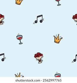 Bright vector seamless pattern with holiday attributes, party, music, crown, flowers. Editable repeating background for wrapping paper, print, textiles