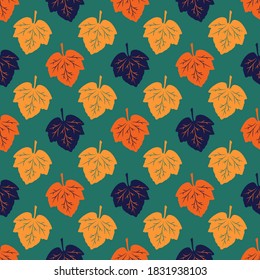 Bright vector seamless pattern. Illustration with autumn leaves on deep turquoise background. Great for use as decoration thematic backdrops, banners, cards, prints, textiles, fabric, more creatives.