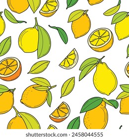 Bright vector seamless pattern with juicy lemons and fresh leaves. This cheerful design on a white background brings freshness and energy, turning your project into an oasis of color.