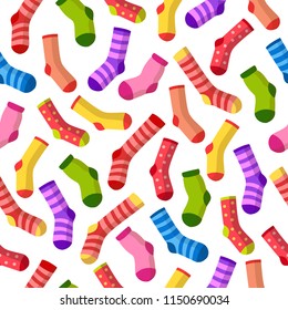 Bright vector seamless pattern with lots of socks. Cute multicolored clothes. Cartoon summer background 