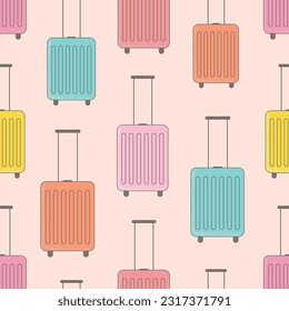 Bright vector seamless pattern with luggage, suitcase. Summer travel illustration.