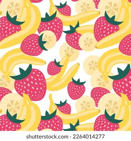 Bright vector seamless pattern of many red strawberries, whole bananas, round slices. Decorative element for advertising layout design. Healthy lifestyle. Diet nutrition. Juice concept. Trendy print.