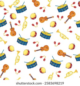 Bright vector seamless pattern with musical instruments for holidays, street parades and carnivals. Drum, tambourine, trumpet, guitar, maracas.