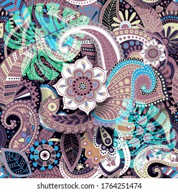 Bright vector seamless pattern. Paisley pattern. Floral indian wallpaper, backdrop. Design for textile, fabric, wrapping paper, cover, carpet, pillow