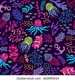 Bright vector seamless pattern of sea creatures and beautiful seam plants.