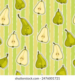 
Bright vector seamless pattern in shades of green, green pears and halves of pears on a background of uneven vertical stripes