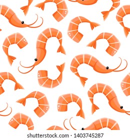 Bright vector seamless pattern with shrimps isolated on white. Fresh cartoon seafood used for magazine, book, poster, card, menu cover, web pages.