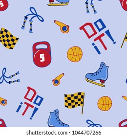 Bright vector seamless pattern with sports objects.