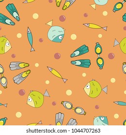 Bright vector seamless pattern with stock for diving and fishes.