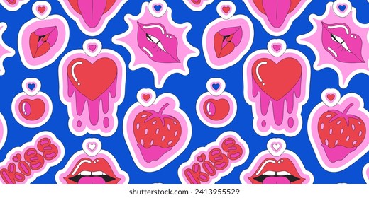 Bright vector seamless pattern of strawberry, heart, kiss, lips on blue background. Love and passion. Playful, fun design with black outline. Banner, fabrics, wallpaper, wrapping paper, gift bags