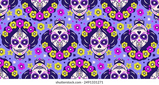 Bright vector seamless pattern with sugar skulls. Catrina head. Mexican Day of the Dead.