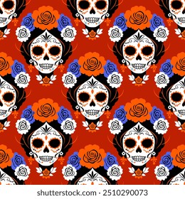 Bright vector seamless pattern with sugar skulls. Catrina head. Mexican Day of the Dead.