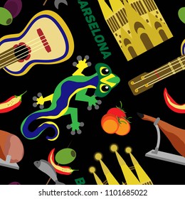 Bright vector seamless pattern travel to Barcelona. On a black background