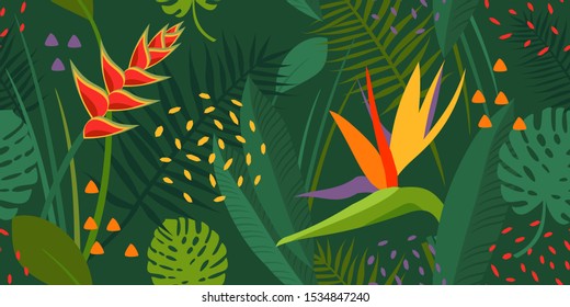 Diseño vectorial brillante con flores y hojas tropicales, plantas. Jardín del Edén, selva tropical. Impresión floral para ropa de verano, playa. Verde, violeta, amarilla, naranja. Pájaro del paraíso.