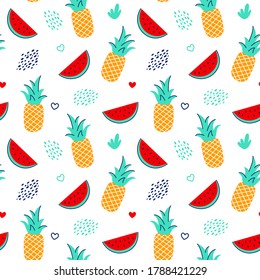 Bright vector seamless pattern with tropical fruits. Pineapple and watermelon background. Texture for gift paper, wallpaper, fabric, textile, menu cover. Graphic elements for a fruit shop.