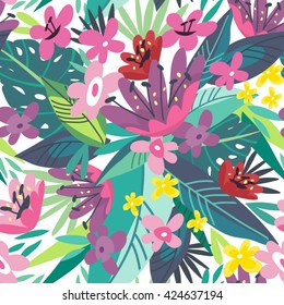 Bright vector seamless pattern of tropical flowers and leaves in watercolor style.