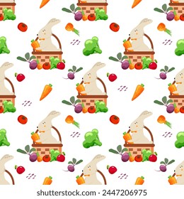Bright vector seamless pattern with vegetables as carrot, broccoli, onion, apple, beet, tomato and cute bunny in a basket.
