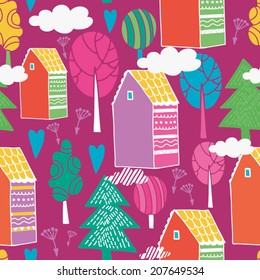 Bright vector seamless pattern of vintage colorful houses and trees.