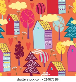 Bright vector seamless pattern with vintage colorful houses and trees.