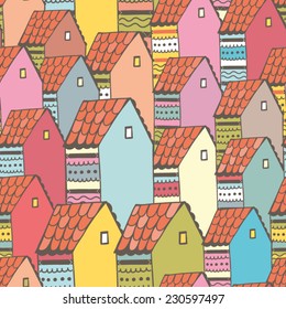 Bright vector seamless pattern of vintage colorful houses.