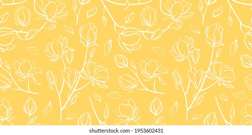 bright vector seamless pattern with white graphic image of magnolia branchs on mustard yellow background