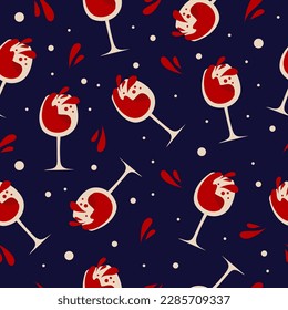 Bright vector seamless pattern with wine glasses and splashes of red wine.