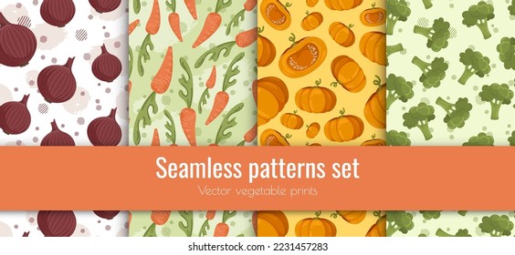 Bright vector seamless patterns set of many vegetables. Whole, half cut pumpkin, broccoli, fresh carrot, red onion. Harvest festival. Food icons. Decorative art element for packaging design layout.