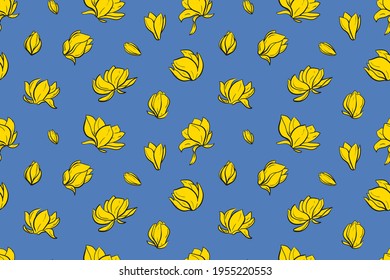 pettern sin soldadura vectorial brillante con magnolias amarillas sobre fondo azul
