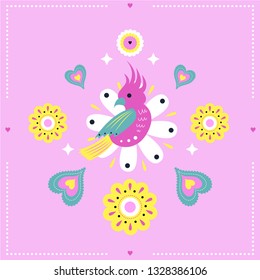 Bright Vector seamless print with cute parrot and exotic tropical flowers