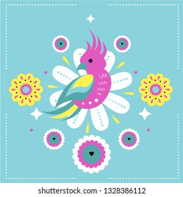 Bright Vector seamless print with cute parrot and exotic tropical flowers